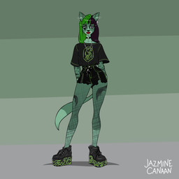 alternative_fashion anthro bottomwear catrielle clothing ear_piercing female fishnet_clothing goth green_hair hair jewelry makeup necklace oversized_clothing piercing shorts solo tattoo jazminecanaan felid feline mammal absurd_res hi_res