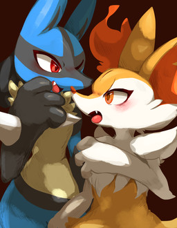 ambiguous_anthro ambiguous_gender anthro arm_tuft biped black_body black_nose blue_body blush cheek_tuft chest_tuft cute_fangs duo eyelashes facial_tuft fangs flat_chested fur hip_tuft inner_ear_fluff multicolored_body multicolored_fur nude_ambiguous nude_anthro one_eye_closed open_mouth open_smile orange_body orange_eyes orange_fur orange_inner_ear_fluff orange_nose red_eyes shoulder_tuft side_view simple_background smile snout spikes spikes_(anatomy) standing tailless teeth tongue tuft white_body white_fur yellow_body yellow_fur izon448 nintendo pokemon braixen canid generation_4_pokemon generation_6_pokemon lucario mammal pokemon_(species) 2025 absurd_res colored digital_media_(artwork) digital_painting_(artwork) hi_res painting_(artwork) shaded