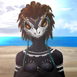 anthro beach beaded_jewelry beads blue_nipples bodypaint breast_play breast_squish breasts claws cloud dark_body detailed_background face_paint feather_hair feathers female jewelry looking_at_viewer nipples non-mammal_breasts non-mammal_nipples orange_eyes pseudo_hair sea small_breasts solo squish water varlastreak microsoft the_elder_scrolls situth_(varlastreak) argonian scalie 1:1 hi_res