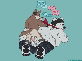 anthro armor backsack balls bandage bandage_on_face bandage_on_nose beanie belly belt big_belly big_butt bodily_fluids body_hair bottomwear bottomwear_down brown_body brown_eyes brown_fur butt butt_hair camo camo_bottomwear camo_clothing camo_pants camo_print claws climbing_on clothed clothing duo eye_patch eyewear feet fingerless_gloves fur furgonomic_hat furgonomic_headwear furgonomics genital_fluids genitals gloves grinding hairy half-erect handwear hat headgear headwear helmet hindpaw hot_dogging humanoid_genitalia humanoid_penis imminent_anal imminent_sex kerchief larger_sub leaking_precum male male/male male_anthro musclegut muscular muscular_anthro muscular_male neckerchief neckwear nervous nervous_smile nude onomatopoeia overweight overweight_bottom overweight_male pants pants_down partially_clothed pattern_bottomwear pattern_clothing pattern_pants pawpads paws penis piercing pointy_ears precum rear_view seductive sex shirtless size_difference small_top_big_bottom sound_effects speech_bubble submissive submissive_male sweat tail text topless topless_anthro topless_male yellow_eyes mattinqq epic_games fortnite polar_patroller wendell_(fortnite) bear canid canine canis mammal polar_bear ursine wolf 4:3 english_text hi_res