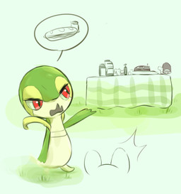 ambiguous_gender anthro bread eyelashes female food furniture group lawn male open_mouth plant red_eyes sandwich_(food) simple_background solo_focus speech_bubble table qerpioritu nintendo pokemon generation_5_pokemon generation_9_pokemon maushold maushold_(family_of_four) pokemon_(species) snivy hi_res