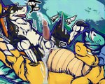 balls bodily_fluids cum duo genital_fluids genitals knotting male male/male penetration penis sex text yellow_body sjru_(artist) mythology kronas sjru dragon mythological_creature mythological_scalie scalie sergal hi_res