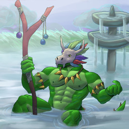 4_fingers anthro bathing bone bone_mask feathers fingers fountain green_body green_scales jewelry looking_at_viewer male mask necklace scales skull skull_mask solo staff iskur terraria witch_doctor_(terraria) lihzahrd lizard reptile scalie hi_res