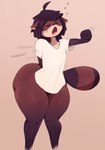 big_butt bottom_heavy brown_body brown_hair butt clothing hair huge_butt male open_mouth scratching scratching_butt shirt solo stretching tail thick_thighs topwear yawn kkoart kk_(kkoart) canid canine mammal raccoon_dog hi_res