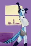 anthro clothing female open_mouth simple_background solo stretching translucent translucent_clothing yawn tomskeleton avian bird blue_jay corvid jay_(bird) new_world_jay oscine passerine absurd_res hi_res