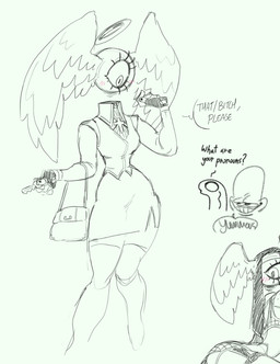 1_eye blush blush_lines bottomwear bubble_butt butt christian_cross christian_symbol clothing cross curvy_figure eyelashes female floating_head floating_head_creature group halo head_wings holding_key holding_object hourglass_figure huge_hips key legwear lingerie looking_back male mischievous_smile nun_habit out_of_frame purse rear_view religion religious_clothing religious_symbol skirt small_waist text thigh_highs tight_clothing topwear trio unusual_wing_placement vest wide_hips wings jizzus proxicute christianity angel humanoid english_text sketch