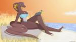 anthro beach bikini breasts claws clothed clothing crossed_legs detailed_background duo female grass lips non-mammal_breasts outside plant purple_eyes rock sand scarf seaside sitting skimpy smile snake_hood swimwear two-piece_swimsuit water wiira graceful avian bird cobra reptile scalie snake 16:9 hi_res widescreen