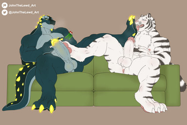 anthro anthro_on_anthro anus balls barazoku big_penis blue_balls blue_body blue_eyes blue_penis controller duo feet foot_fetish foot_lick foot_play footjob fur furniture genitals glans holding_controller holding_object humanoid_genitalia humanoid_penis licking male male/male muscular muscular_anthro muscular_male narrowed_eyes nipples nude on_sofa open_mouth pecs penile penis pink_anus pink_glans pink_nipples pink_tongue sex sitting sofa spread_legs spreading striped_arms striped_legs tongue tongue_out white_body white_fur white_penis yellow_eyes yellow_glans johnthelewd_art hekar felid mammal pantherine scalie tiger 3:2 hi_res