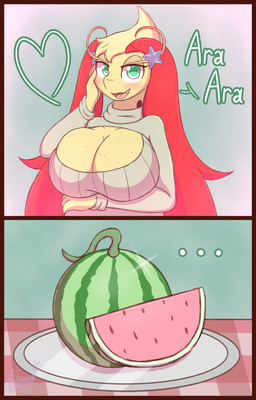 anthro anthrofied ara_ara big_breasts blush breasts cleavage_cutout clothing cutout female food freckled_breasts freckles fruit green_eyes heart_symbol huge_breasts looking_at_viewer melon open_mouth plant pokemorph smile solo sweater topwear watermelon snackbunnii nintendo pokemon mila_(snackbunnii) aquatic generation_3_pokemon milotic pokemon_(species) absurd_res hi_res