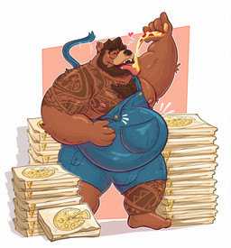 anthro beard belly big_belly black_nose box clothing container eyes_closed eyewear facial_hair facial_piercing food glasses male moobs nipples nose_piercing nose_ring overalls overweight overweight_male piercing pizza pizza_box pizza_slice ring_piercing solo tattoo tongue tongue_out 06junior11 bear mammal 2025 absurd_res hi_res