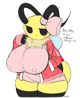 accessory antennae_(anatomy) anthro arthropod_abdomen big_breasts biped black_eyes blush bow_ribbon breasts clothed clothed_anthro clothed_female clothing curvy_figure dialogue female female_anthro hair_accessory hair_bow hair_ribbon huge_breasts insect_wings jacket legwear neck_tuft nipple_outline ribbons simple_background smile solo stripes text thick_thighs thigh_highs tilde_after_text topwear tuft voluptuous voluptuous_anthro voluptuous_female white_background wide_hips wings yellow_body woebeeme bug_fables moonsprout_games annabee_(woebeeme) fan_character arthropod bee honey_bee hymenopteran insect 2022 digital_media_(artwork) english_text hi_res signature