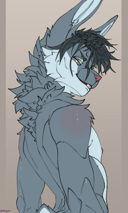 anthro athletic athletic_anthro athletic_male bedroom_eyes biped black_hair blue_body blue_fur buckteeth eyebrows facial_tuft fluffy fur grey_body grey_fur grey_hair hair long_ears long_hair looking_at_viewer looking_back looking_back_at_viewer male male_anthro multicolored_body multicolored_fur muscular muscular_anthro muscular_male narrowed_eyes neck_tuft nipples nude open_mouth pink_eyes pink_nipples pink_nose pose purple_eyes rear_view red_eyes seductive short_tail simple_background smile smiling_at_viewer solo standing tail teeth tongue tuft two_tone_body white_body white_fur milajanh hare lagomorph leporid mammal rabbit 2026 absurd_res digital_media_(artwork) half-length_portrait hi_res portrait signature