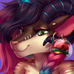anthro black_hair black_horn blue_horn bridge_piercing brown_body brown_ears brown_fur closed_smile ear_piercing ear_ring ear_stud eyelashes facial_piercing female front_view fur furgonomic_piercing furgonomics glistening glistening_eyes green_eyes hair horn looking_at_viewer mouth_closed multicolored_body multicolored_fur multicolored_hair muzzle_piercing narrowed_eyes nose_piercing piercing pink_hair pink_inner_ear purple_background ring_piercing simple_background smile solo striped_arms striped_body striped_fur stripes stud_piercing tan_body tan_fur two_tone_body two_tone_fur two_tone_hair unsigned admiralobster bovid caprine goat mammal 1:1 bust_portrait detailed icon portrait