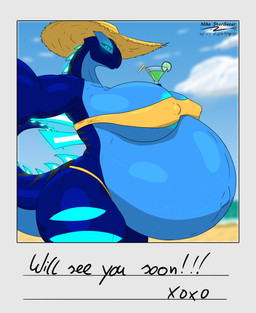 anthro areola beach belly beverage big_belly big_breasts blue_areola blue_body bra breasts clothed clothing female glowing glowing_eyes glowing_spikes hat headgear headwear holding_object huge_belly huge_breasts hyper hyper_belly hyper_pregnancy looking_at_viewer markings navel nude outie_navel overweight panties polaroid_photo pregnant pregnant_anthro pregnant_female sea smile solo spikes spikes_(anatomy) standing stretch_marks sun_hat tail text thick_thighs tight_clothing underwear veiny_belly water niko_stargazer nintendo pokemon nikostargazer generation_2_pokemon legendary_pokemon lugia pokemon_(species) absurd_res hi_res