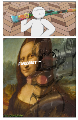 against_surface against_wall ambiguous_gender anthro big_breasts big_ears bodypaint breasts duo female genitals inverted_nipples narrowed_eyes nipples nude onomatopoeia pink_nipples raised_arm shortstack sound_effects squint text thick_thighs vulva white_body wide_hips rinexern meccha_chameleon mona_lisa_(painting) anon humanoid mammal mouse murid murine rodent 2026 2koma absurd_res comic hi_res