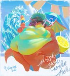 3_toes 5_fingers anthro belly belly_rolls big_belly big_breasts bikini bikini_top biped bottomless breasts brown_hair clothed clothing dessert detailed_background feet female fingers food fruit hair hat headgear headwear horn huge_belly huge_breasts hyper hyper_belly ice_cream lemon obese obese_anthro obese_female overweight overweight_anthro overweight_female plant postcard red_body sea solo sun_hat swimwear text toes two-piece_swimsuit umbrella water wave white_horn wings wish_you_were_here yellow_body pineconedraws mythology dragon mythological_creature mythological_scalie scalie 2025 artist_name dated english_text hi_res signature