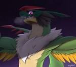 anthro beak feathers green_body green_feathers male mask neck_tuft purple_eyes sharp_teeth solo teeth tuft wings gekkart bandai_namco digimon digimon_(species) galemon absurd_res hi_res