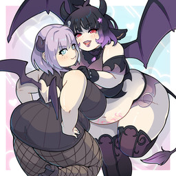 2_horns 5_fingers accessory back_wings belly big_breasts biped border breasts cleavage clothed clothed_female clothed_humanoid clothing cow_ears duo female female_humanoid fingers fishnet_clothing fishnet_legwear front_view hair_accessory hairclip heart_cutout heart_eyes heart_symbol horn huge_breasts legwear light_body light_skin lipstick looking_at_viewer looking_back looking_back_at_viewer makeup membrane_(anatomy) membranous_wings midriff navel overweight overweight_female overweight_humanoid rear_view spread_wings star_accessory tail tail_tuft thick_thighs tuft white_border wings womb_tattoo morningpanda scream_(films) vtuber agano_mai ghostface_(scream) moomochi_(moomochimoovt) animal_humanoid bovid bovid_humanoid bovine bovine_humanoid cattle cattle_humanoid demon demon_humanoid horned_humanoid humanoid mammal mammal_humanoid succubus tailed_humanoid winged_humanoid 1:1 2023 absurd_res colored digital_drawing_(artwork) digital_media_(artwork) hi_res