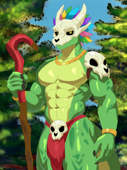 5_fingers abs anthro biceps black_claws bone bone_mask bottomwear bracelet claws clothing feathered_headdress fingers green_body holding_object holding_staff jewelry loincloth looking_at_viewer male mask navel necklace pecs skull skull_accessory skull_mask solo staff tail tribal tribal_clothing yellow_eyes sairun terraria witch_doctor_(terraria) lihzahrd lizard reptile scalie 2026 3:4 absurd_res digital_media_(artwork) hi_res portrait three-quarter_portrait