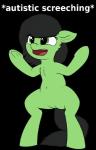 ableism angry biped black_hair derogatory_caption female feral floppy_ears fur green_body green_eyes green_fur hair navel open_mouth simple_background solo tongue transparent_background squirrelette hasbro my_little_pony fan_character filly_anon equid mammal absurd_res alpha_channel hi_res