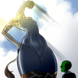 anthro blush clothing cloud duo faceless_character faceless_female faceless_male female flat_chested hand_on_hip horn looming low-angle_view macro male ossicone shadow smile tall thick_thighs tight_clothing track_pants tracksuit wide_hips unknown_artist poppy_opossum anon giraffe giraffid mammal 1:1