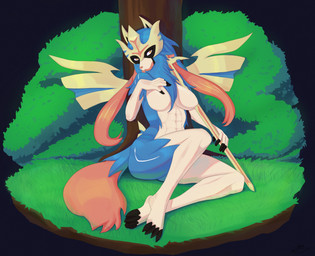 against_natural_surface against_surface against_tree anthro blue_body blue_fur blue_hair breasts claws featureless_breasts female fur hair mask melee_weapon on_grass plant sitting solo sword tree weapon vinael nintendo pokemon canid crowned_sword_zacian generation_8_pokemon legendary_pokemon mammal pokemon_(species) zacian