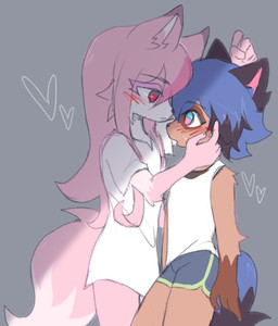 anthro black_body black_fur black_hair blue_body blue_eyes blue_hair brown_body brown_fur clothed clothing duo eye_contact female female/female fluffy fluffy_tail fur grey_background hair heart_symbol long_hair looking_at_another multicolored_body multicolored_eyes multicolored_fur multicolored_hair pink_body pink_fur pink_hair red_eyes simple_background tail topwear white_body white_fur young young_anthro corvidfriend brand_new_animal studio_trigger michiru_kagemori nazuna_hiwatashi canid canine fox mammal raccoon_dog tanuki 2020 hi_res portrait three-quarter_portrait