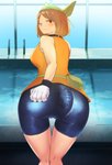 2020 blush breasts brown_hair butt eeveelution female generation_1_pokemon growth hair hand_on_butt hi_res human human_to_anthro kaneru mammal may_(pokemon) mid_transformation nintendo one_eye_closed pointy_nose pokemon pokemon_(species) pokemon_trainer raaggu rear_view snout snout_growth solo species_transformation swimming_pool tail tail_growth tail_tenting transformation vaporeon