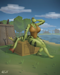 anthro barefoot big_breasts black_eyes box breasts clothing cloud container crate eyelashes feet female fin grass green_body huge_breasts machine non-mammal_breasts one-piece_swimsuit outside plant sitting solo striped_body stripes swimwear tail tail_fin thick_thighs tree wide_hips affront factorio wube_software aquatic european_perch fish perch_(fish) percid perciform percoid hi_res