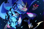 anthro black_body blue_fire claws colored_fire evil_grin fire horn male sharp_teeth smile solo stinger_tail teeth megane_nadore bandai_namco digimon digimon_(species) gulusgammamon scalie hi_res