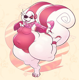 4_fingers 4_toes abstract_background ankle_markings anthro arm_warmers armwear belly big_belly big_butt big_tail biped butt butt_markings claws clothing countershade_fur countershade_torso countershading curled_tail eyebrows fangs featureless_chest featureless_crotch feet finger_claws fingerpads fingers fur green_eyes hair heart_(marking) huge_butt hyper leg_markings logo looking_at_viewer male male_anthro markings mostly_nude_anthro mostly_nude_male multicolored_body multicolored_fur narrowed_eyes navel on_one_leg open_mouth open_smile overweight overweight_anthro overweight_male pawpads pink_body pink_countershading pink_ears pink_fur pink_markings pink_pawpads pink_scarf pink_stripes pink_tongue scarf smile smiling_at_viewer solo standing striped_markings striped_tail stripes tail tail_markings teeth text thick_thighs three-quarter_view toe_claws toes tongue two_tone_body two_tone_fur two_tone_tail whisker_spots white_body white_fur white_hair white_inner_ear wide_hipped_anthro wide_hipped_male wide_hips arfventurer nargle nargle_(nargleflex) mammal mephitid skunk striped_skunk 2024 artist_logo artist_name digital_drawing_(artwork) digital_media_(artwork) full-length_portrait hi_res portrait