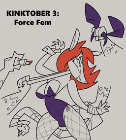ambiguous_gender anthro arm_grab breast_forms bulge bunny_costume clothing collar costume fake_breasts feminization fishnet_clothing fishnet_legwear forced group hair legwear lipstick makeup male playboy_bunny red_hair rusheloc kinktober kinktober_2025 robin_(rusheloc) american_opossum hyena mammal marsupial virginia_opossum 2025 hi_res