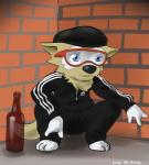 alcohol anthro ball beverage blue_eyes cheeki_breeki clothed clothing crouching eyewear fur goggles gopnik jacket male mascot russia russian slav_squat smoking solo sport text text_on_clothing text_on_jacket text_on_topwear topwear track_pants tracksuit vodka mr-shin adidas fifa zabivaka canid canine canis mammal wolf 2016 digital_media_(artwork) english_text