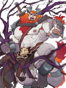 2_horns 5_fingers 5_toes abs accessory angry anthro areola armband armor armpit_hair balls barazoku barbarian barbell_piercing barely_visible_balls barely_visible_genitalia beard belt biceps big_muscles big_pecs biped black_bottomwear black_claws black_clothing black_finger_claws black_loincloth black_sclera black_toe_claws body_hair bottomwear chest_hair claws clothed clothed_anthro clothed_male clothing countershade_arms countershade_face countershade_fur countershade_legs countershade_torso countershading eyebrows facial_hair fangs feet finger_claws fingerpads fingers fist fur furgonomics genitals grey_body grey_eyebrows grey_fur grey_horn gums horn huge_muscles humanoid_hands latissimus_dorsi loincloth looking_at_viewer magic magic_user male male_anthro mane manly melee_weapon multicolored_body multicolored_fur muscular muscular_anthro muscular_arms muscular_male muscular_thighs navel nipple_barbell nipple_piercing nipples open_mouth pauldron pawpads pecs piercing pink_areola pink_nipples pink_nose pink_pawpads pink_tongue purple_eyes quads reaching_towards_viewer red_armpit_hair red_beard red_body red_facial_hair red_fur red_mane serratus sharp_teeth simple_background solo sword sword_on_back tail tail_accessory tailband teeth three-quarter_view toe_claws toes tongue topless topless_anthro topless_male vein veiny_muscles warrior weapon whisker_spots white_background white_body white_countershading white_fur white_inner_ear oldshep mythology dragon felid hybrid lion mammal mythological_creature mythological_scalie pantherine scalie absurd_res digital_drawing_(artwork) digital_media_(artwork) hi_res portrait shaded signature three-quarter_portrait