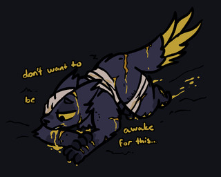 ambiguous_gender anthro bandage bandage_on_face bandaged_chest bandaged_leg bleeding_out blood bodily_fluids colored_blood depression dipstick_tail dying gauze gore markings pain scratch scratch_mark scratches scratching solo tail tail_markings text unusual_blood unusual_bodily_fluids wounded yellow_blood bizart scav_prototype experiment_(scav_prototype) aliasing digital_media_(artwork) english_text