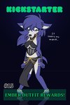 2:3 anthro barefoot barefoot_sandals black_background black_bottomwear black_clothing black_dress black_skirt black_topwear bloodline_(webcomic) blue_body blue_ears blue_fur blue_tail blush blush_lines bottomwear canid canine canis chain clothing dress embarrassed ember_(bloodline) feet female fluffy_chest fluffy_ears fur gold_(metal) gold_chain green_eyes green_text hi_res kickstarter mammal multicolored_body paws plantigrade simple_background skirt solo tail text toes topwear two_tone_body w0lfmare white_body white_fur wolf