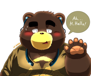 anthro blush bodily_fluids brown_body brown_fur clothing electronics fur headphones kemono male overweight overweight_anthro overweight_male shirt simple_background solo sweat text topwear white_background debudave_12 bear mammal 2015 english_text