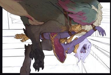abdominal_bulge anthro anthro_on_feral anthro_penetrated arms_tied barn bdsm belly_riding bestiality bondage bound breasts claws cuff_(restraint) female feral feral_penetrating genitals huge_penetration internal knot knotted_penis knotting legs_tied male male/female penetration penile penile_penetration penis red_eyes restraints ridged_knotted_penis ridged_penis small_breasts vaginal vaginal_penetration vulva anonymous_artist capcom final_fantasy final_fantasy_xiv monster_hunter mythology square_enix nael_deus_darnus bird_wyvern dragon mythological_creature mythological_scalie scalie seikret absurd_res hi_res