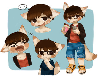 4_fingers >o< anthro black_clothing black_eyebrows black_nose black_shirt black_topwear blue_bottomwear blue_clothing blue_shorts blush blush_lines bodily_fluids bottomwear brown_ears brown_eyes brown_hair brown_tail cheek_tuft clothing crepe cute_fangs dipstick_tail electronics eyebrows eyewear facial_tuft fangs fingers food footwear fur glasses green_eyes group hair inner_ear_fluff kemono male markings multicolored_ears open_mouth phone rectangular_glasses red_clothing red_shirt red_topwear sandals shirt shoes shorts speech_bubble spiral spiral_eyes standing sweat sweatdrop tail tail_markings teeth thin_eyebrows tongue tongue_out topwear triangle_nose tuft two_tone_ears white_body white_ears white_fur white_inner_ear white_inner_ear_fluff white_tail yellow_clothing yellow_footwear yellow_sandals young young_anthro kintubaovo canid canine fox mammal 2022 absurd_res digital_media_(artwork) hi_res model_sheet