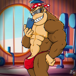 abs anthro biped brown_body brown_fur bulge cellphone clothing detailed_bulge electronics fur genital_outline genitals holding_cellphone holding_object holding_phone holding_smartphone kerchief male muscular muscular_anthro muscular_male navel pecs penis penis_outline phone red_clothing red_thong red_underwear smartphone smile solo teeth thong underwear wearing_sunglasses fabfelipe donkey_kong_(series) nintendo funky_kong ape haplorhine mammal primate 1:1 2025 chromatic_aberration digital_drawing_(artwork) digital_media_(artwork) hi_res