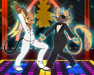 4_fingers anthro black_bottomwear black_clothing black_footwear black_nose black_tie_(suit) black_topwear blue_body blue_eyes blue_fur blue_markings blue_outline blue_pawpads bottomwear bow_tie brown_body brown_fur claws clothed clothing cosplay dancing duo eye_patch eyewear fangs fingers fluffy fluffy_tail footwear fur gesture hand_gesture inside long_tail looking_away male markings nightclub one_eye_closed orange_body orange_clothing orange_fur orange_topwear outline pawpads pointing pointing_up pose spread_arms suit tail teeth topwear white_claws white_clothing white_footwear white_topwear wink yellow_body yellow_cheeks yellow_fur felino nintendo pokemon sega yakuza_(series) raichu_(character) toshabi_(character) felid generation_1_pokemon generation_7_pokemon legendary_pokemon mammal murid pokemon_(species) raichu rodent zeraora 2020 hi_res