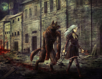 alternative_fashion anthro axe blood bodily_fluids chain chain_leash clothed clothing dark dress duo female goth gothic_lolita hair hatchet horror_(theme) j-fashion leash lolita_(fashion) male melee_weapon night tail victorian_goth weapon white_hair sugitaku canid canine canis human mammal wolf digital_media_(artwork) full-length_portrait portrait unavailable_at_source