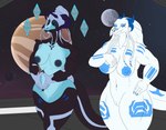 anthro big_breasts black_body black_nipples black_sclera blue_body blue_eyes blue_markings blue_nipples blue_sclera breast_size_difference breasts cybernetics dark_nipples duo female female/female genitals grey_hair hair horn machine male male/female markings mature_female medium_breasts multicolored_body nipples planet pussy science_fiction space white_body white_eyes zortrex mythology azerith_(zortrex) cyborg dragon mythological_creature mythological_scalie scalie absurd_res hi_res