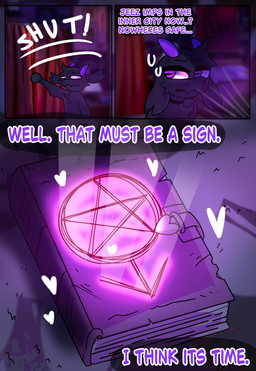 anthro bedroom bedroom_window book demonic heart_symbol male occult_symbol pentagram pentagram_print purple_eyes symbol text halfpricesouls mocha_(halfpricesouls) bovid caprine mammal absurd_res book_cover comic cover english_text hi_res