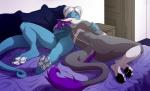 anthro bed black_pawpads breasts butt claws cuddling duo female fur furniture grey_background grey_body grey_fur hair inside long_hair looking_at_viewer love lying male male/female markings nude pawpads purple_body purple_claws purple_fur purple_hair simple_background tail white_pawpads piaa mythology storm_(stormblazer) dragon mammal mythological_creature mythological_scalie scalie sergal 2017