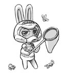 ambiguous_gender anthro armor blush blush_stickers bottomless butterfly_net chibi clothed clothing half-closed_eyes headgear helmet looking_at_viewer narrowed_eyes net shaded_sketch shirt shoulder_pads solo topwear senorkah animal_crossing doom_(series) id_software microsoft nintendo daisy_(doom) arachnid arthropod butterfly insect lagomorph lepidopteran leporid mammal mygalomorph rabbit scorpion spider tarantula monochrome sketch