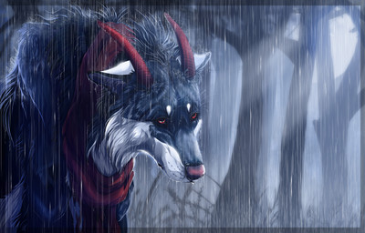 ambiguous_gender black_body black_fur detailed_background feral forest fur horn outside plant red_eyes solo tree white_body white_fur wolfroad canid canine canis hybrid mammal wolf 2015 digital_media_(artwork) hi_res
