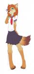 2015 ailuranthropy anthro biped blue_eyes bottomwear canid canine canis clothed clothing coyote feathers female hi_res kohi_(waruikoohii) mammal school_uniform simple_background skirt smile solo standing uniform white_background