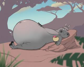 anthro belly beverage big_belly drinking_straw drinking_straw_in_mouth eyelashes female half-closed_eyes hand_on_belly head_turned holding_beverage holding_object huge_belly hyper hyper_belly hyper_pregnancy lying narrowed_eyes navel nude on_back pregnant pregnant_anthro pregnant_female side_view solo convexpert dreamworks madagascar_(series) gloria_(madagascar) common_hippopotamus hippopotamid mammal 2026 hi_res signature