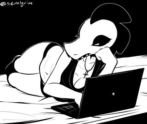 alternative_fashion ankh anthro bed breasts cleavage clothed clothing computer crop_top electronics eyelashes female footwear furniture goth grumpy half-closed_eyes hand_on_face inside knee_highs knee_socks laptop legwear lying midriff narrowed_eyes navel non-mammal_breasts on_bed on_side panties pose scales sharp_teeth shirt skimpy socks solo teeth topwear underwear sem-l-grim night_in_the_woods bea_santello alligator alligatorid crocodilian reptile scalie 2018 black_and_white hi_res monochrome pinup